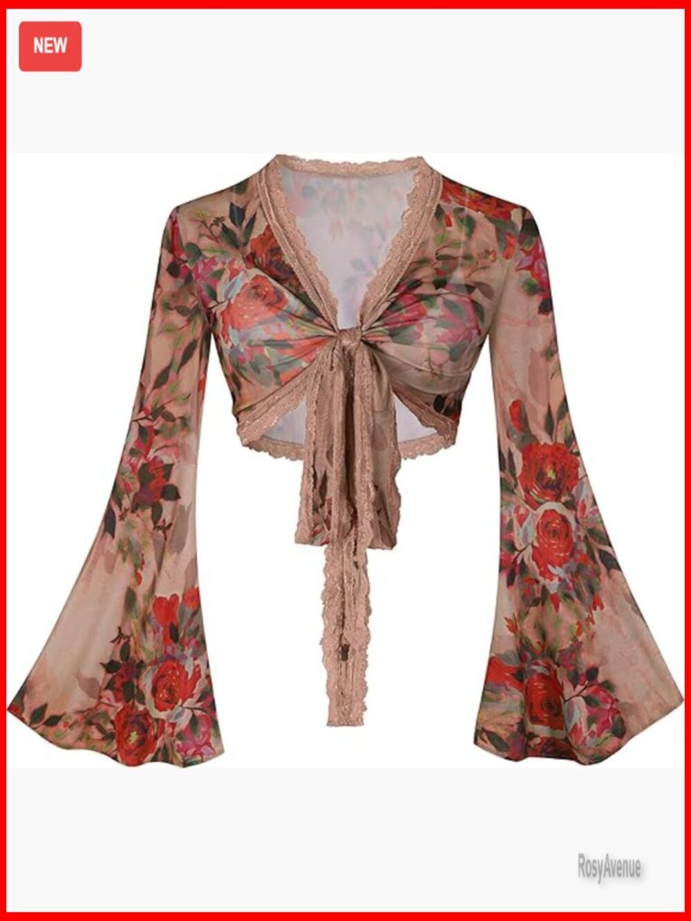 Bell Sleeve Mesh Crop Top Tie Front Floral Blouse